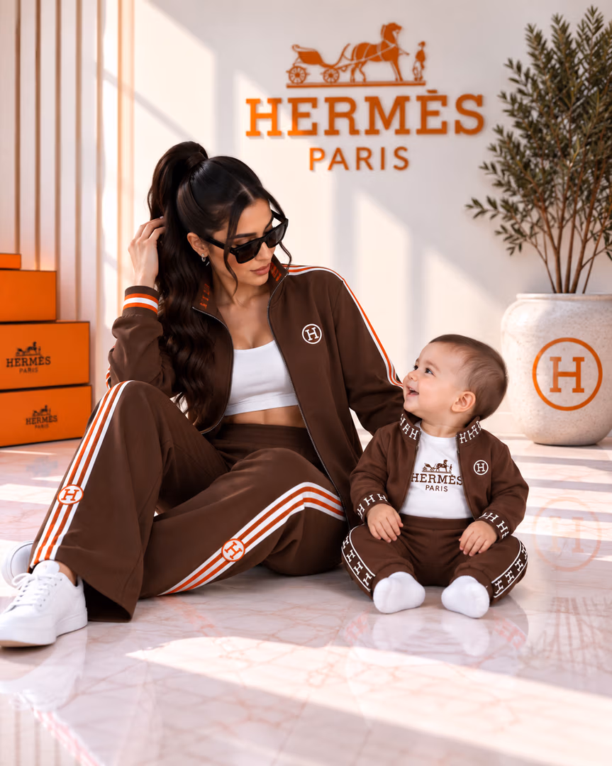 طقم ستاتي hermes & baby - Color بني & بني 