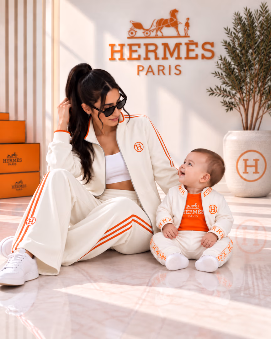 طقم ستاتي hermes & baby - Color ابيض & ابيض 