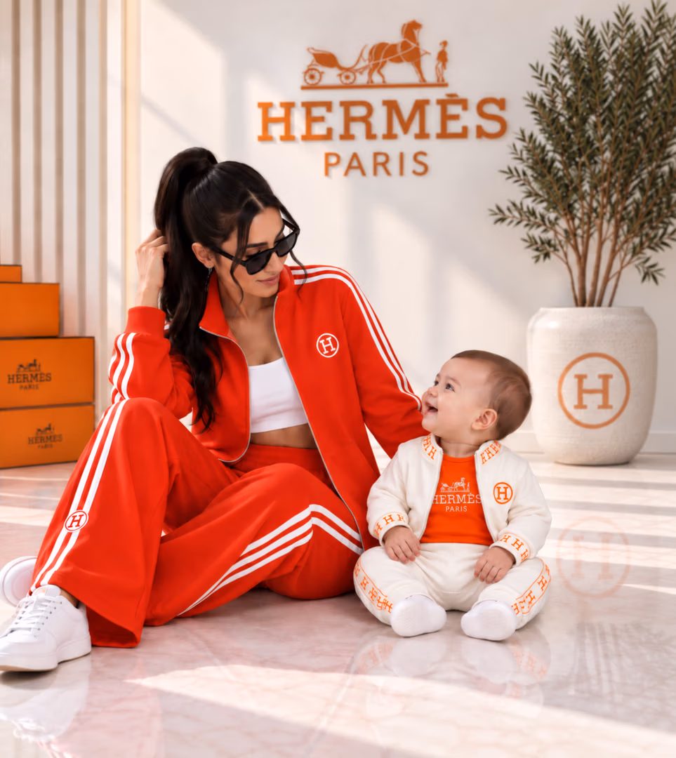 طقم ستاتي hermes & baby - Color برتقالي & أبيض 